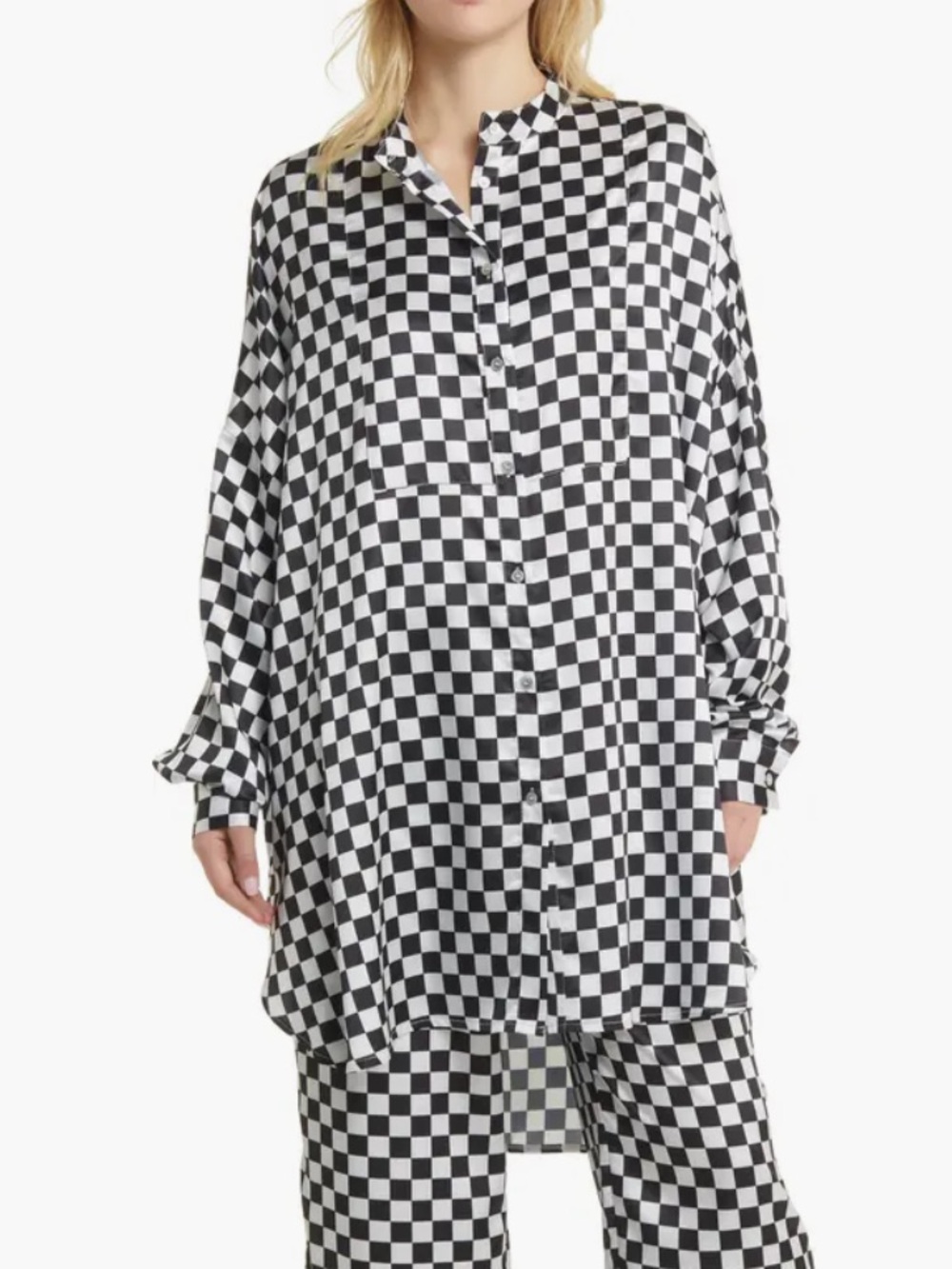 DRESSED IN LALA | Button Down Satin Check Tunic Top | M